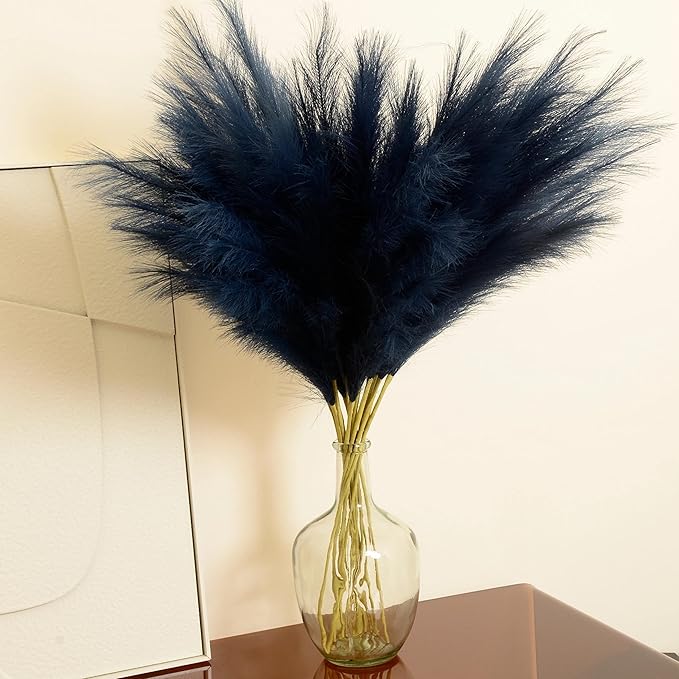 Blue Pampas Grass, 9 PCS 37''/3.1FT Tall Fluffy Fake Pompas Floral, Large Faux Pompous Grass Branches for Floor Vase Fillers, Boho Farmhouse Room Wedding Decor (Blue)