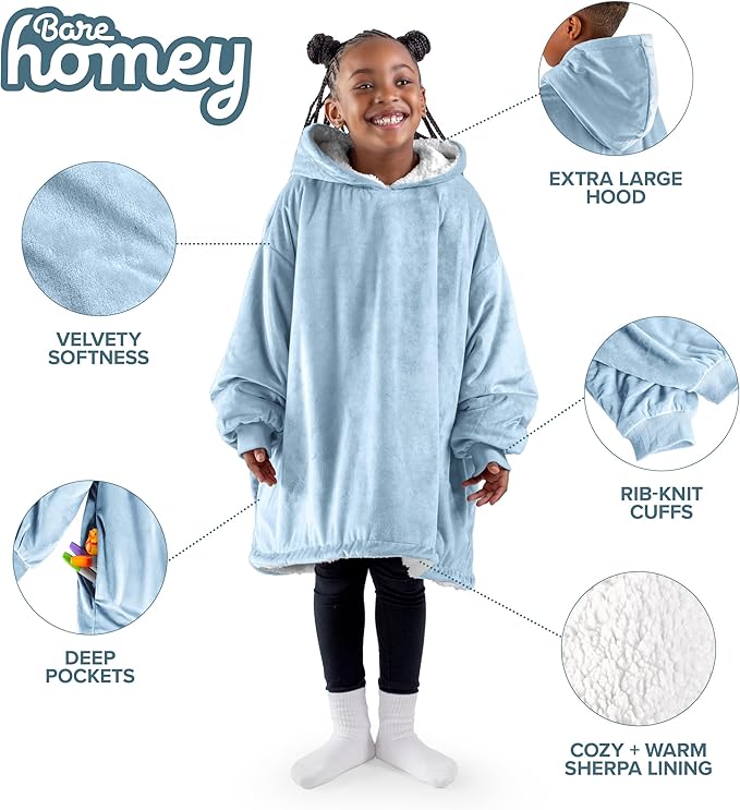Bare Home Wearable Blanket Hoodie - Soft Plush Sherpa - Warm and Cozy - Oversized Wearable Blanket - Adult & Kid Sizes