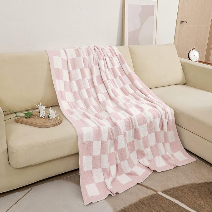 bearberry Fuzzy Checkerboard Grid Throw Blanket Soft Cozy Warm Microfiber Blanket Decor for Couch Sofa Bed Travel Home (Pink, 50''x60'')