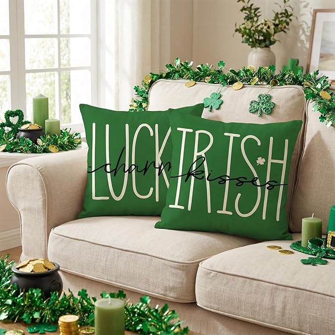 ONFAON St Patricks Day Pillow Covers 18x18 Set of 4 St Patricks Day Decorations Green Shamrock Farmhouse Holiday Green Themed Pillow Case Gift for Home Sofa Couch