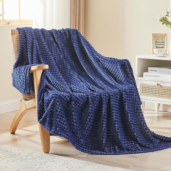 EMME Fleece Blanket, 3D Jacquard Throw Blanket for Couch and Bed, Soft Cozy and Fluffy Blankets Lightweight Luxury Flannel with Geometric Grid Design (Navy Blue, 80" x 90")