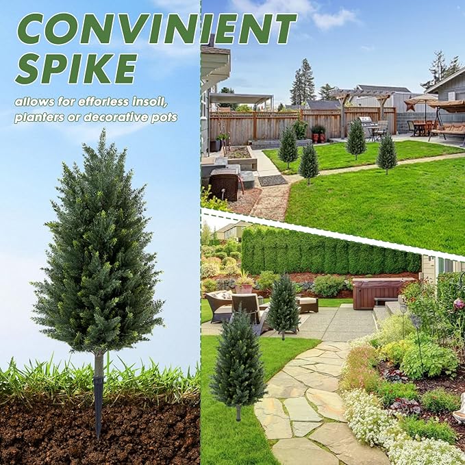 Pair Artificial Cedar Topiary Trees, 3ft UV-Resistant Faux Cypress shrubs w/Ground Spikes (Including Lights),Tall Evergreen Decorative Plants for Outdoor & Indoor Porch, Patio, and Garden