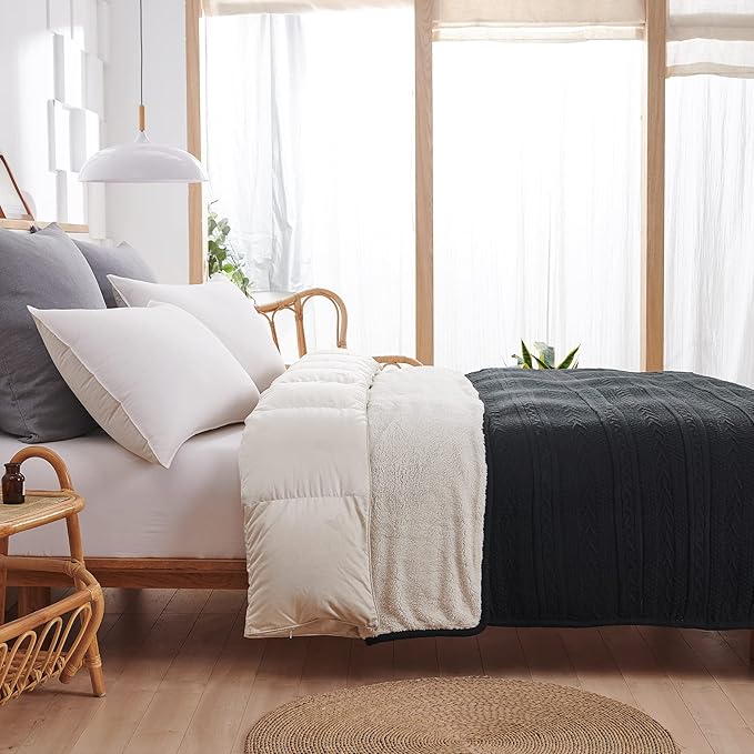 Longhui bedding Black 50 x 63 Inches Acrylic Cable Knit Sherpa Throw Blanket - Thick, Soft, Big, Cozy Knitted Fleece Blankets for Couch, Sofa, Bed - Large Coverlet All Season