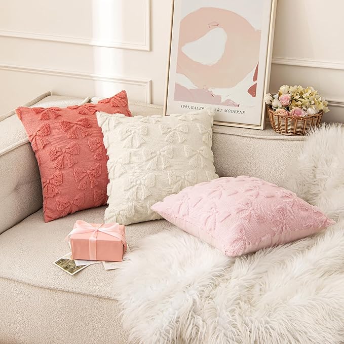 MIULEE Coral Red Bow Pillow Covers Coquette Room Decor Aesthetic Set of 2 Spring Decorative Cute Girl Soft Plush Faux Pillowcase for Preppy Room Decor Bedroom Couch,18x18 Inch