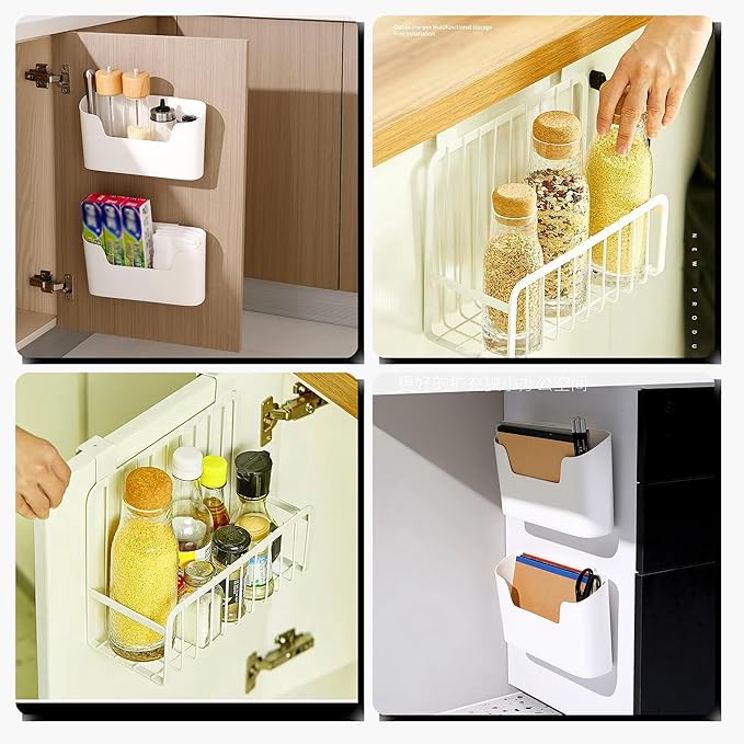 Cabinet Door Organizer, Over Cabinet Hanging Basket + 2 Adhesive Wall-Mounted Bins, White Metal & PP, No-Drill Space Saver for Kitchen, Bathroom, Under Sink, Office, Refrigerator, Bedside
