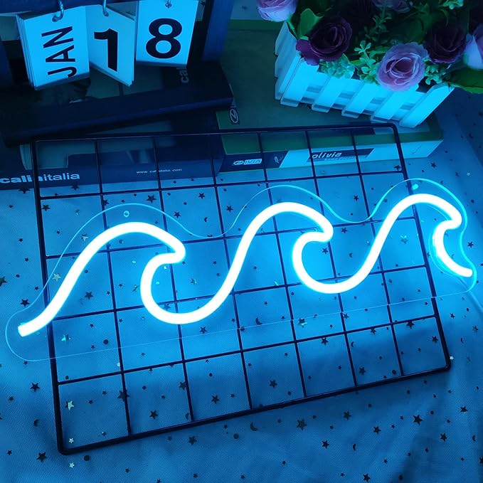 Wave Neon Signs for Bedroom Ice Blue Dimmable Wave Neon Light Art Wall Decor Wave Neon Signs for Wall Decor Living Room Bedroom Office Bar Birthday Party Christmas(16.5 X 5.1 Inch)