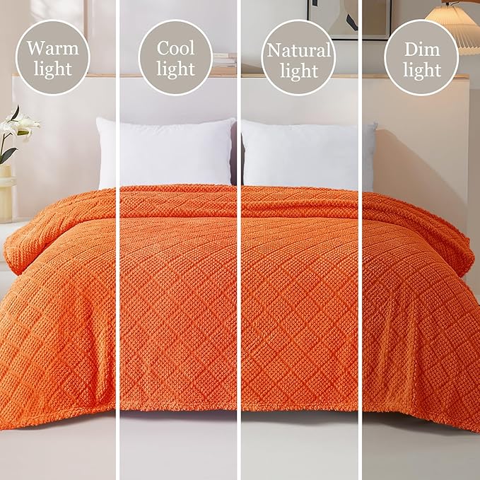 Whale Flotilla Fuzzy Fleece King Size Blanket for Bed, Soft Fluffy Jacquard Waffle Blankets for All Season, Lightweight and Warm, 90x104 Inch, Burnt Orange
