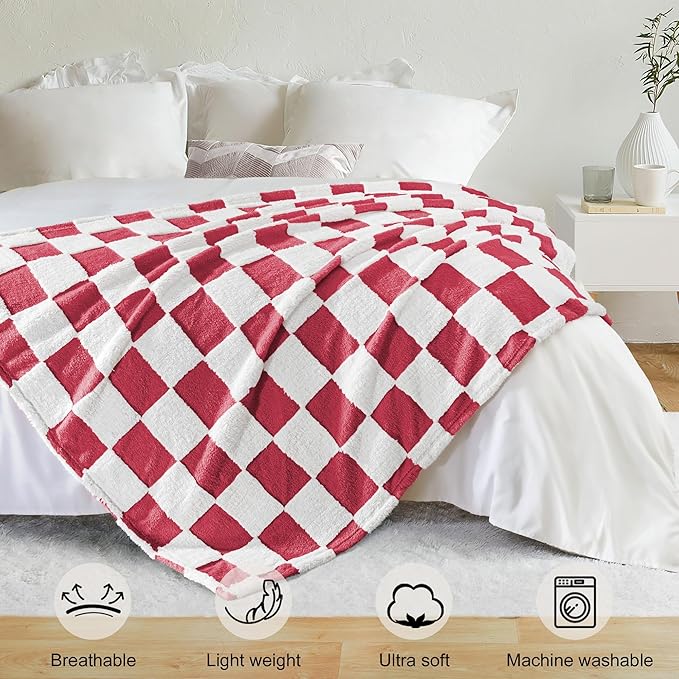 Exclusivo Mezcla Fleece Blanket Queen, Cozy Lightweight Fuzzy Checkered Blanket for Bed, Suitable for All Seasons, Red, 90" x 90"