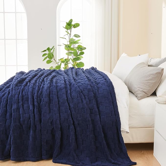 NEWCOSPLAY Super Soft Throw Blanket Dark Navy Premium Silky Flannel Fleece 3D Checkered Lightweight Bed Blanket All Season Use (Dark Navy Checkered, Throw(50"x70"))