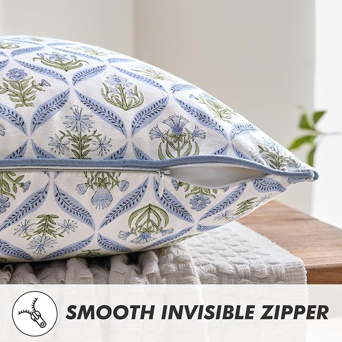 MIULEE Floral Throw Pillow Covers Spring Decorative Block Print Cotton Cushion Covers for Couch Living Room, Modern Outdoor Sofa Vintage Garden Pillowcases Home Decor,20" x 20" (Pack of 2)Blue Green
