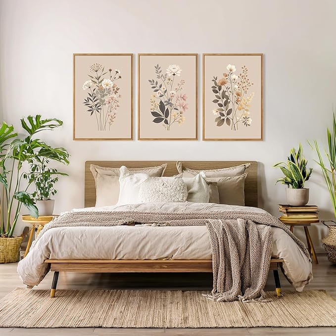 CHDITB Botanical Flower Framed Canvas Wall Art Set Of 3, Modern Nature Wildflower Wall Decor, Rustic Floral Wall Painting, Vintage Flowers Art Prints For Bedroom Living Room Office Decor (12X16 Inch)