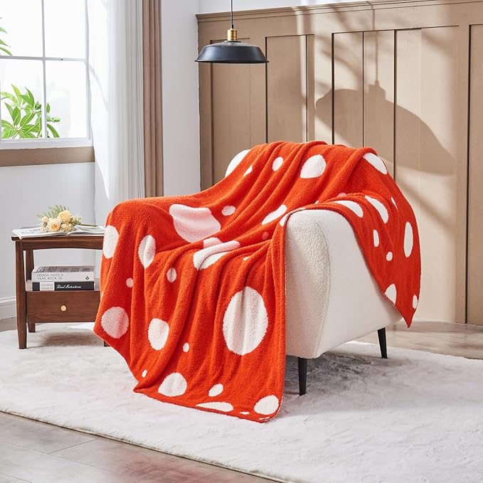 CozeCube Super Soft Fullfy Microfiber Reversible Knitted Blankets, Warm Cozy Fuzzy Plush Throw, Orange red and White Polka Dot Throw Blanket for Couch Bed Sofa, 60" x 80"