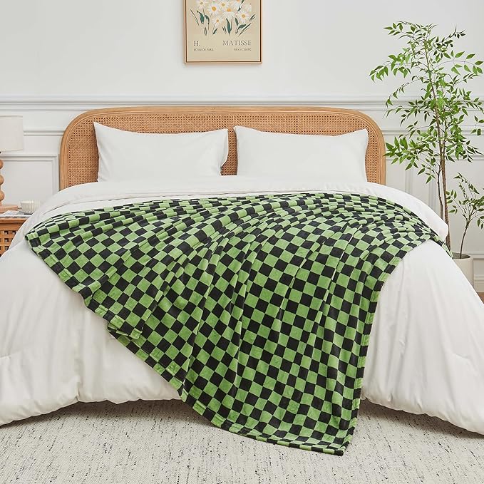 FY FIBER HOUSE Checkered Flannel Fleece Throw Blanket Soft Cozy Checkerboard Grid Print Chessboard Gingham Pattern Blankets for Bed Couch Sofa, 50"x60", Black Green