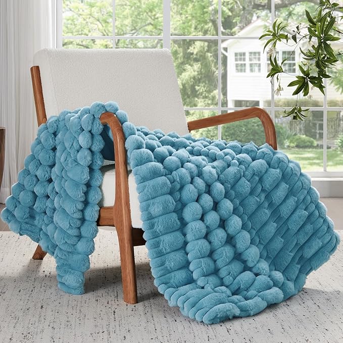 BEDELITE Faux Fur Twin Blanket for Couch - Super Soft & Cozy Plush Striped Blanket for Sofa and Room Decor, Luxury Fluffy All-Season Blankets Gift for Women, Men, Mom, Dad, 60x80 inch, Light Blue