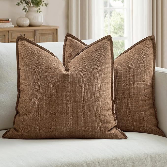 MIULEE Euro Sham Pillow Covers for Bed 24x24, 2 Pack Brown Thick & Textured Decorative Throw Pillow Covers, Neutral Linen Cushion Cases, Modern Farmhouse Home Decor, No Filling