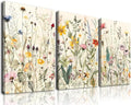 Framed Canvas Wall Art Set of 3, Minimalist Flower Floral Wall Art Farmhouse Decor, Boho Style Wall Decor Watercolor Wildflower Paintings, Modern Colorful Botanical Flower Art Print for Bathroom,