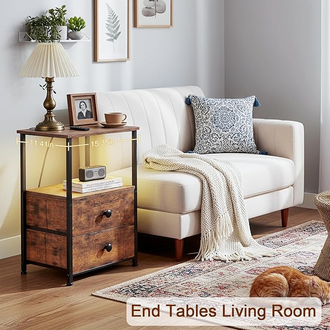 Night Stand Set 2, LED Nightstand with Charging Station, End Tables with Storage Shelf for Small Space, Bedside Table with 2 Fabric Drawers for Bedroom, Brown HETS02PQBR
