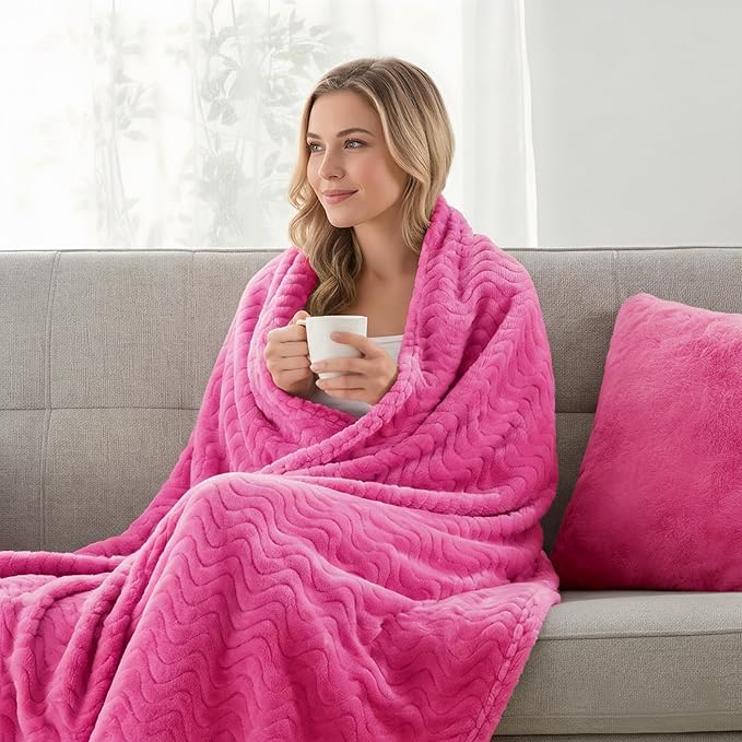 Exclusivo Mezcla Queen Blanket for Bed, Cozy Lightweight Fleece Blankets for All Season, Decorative Giftable Fuzzy Plush Wave Textured Suitable for Women, Men, Hot Pink, 90x90 Inches
