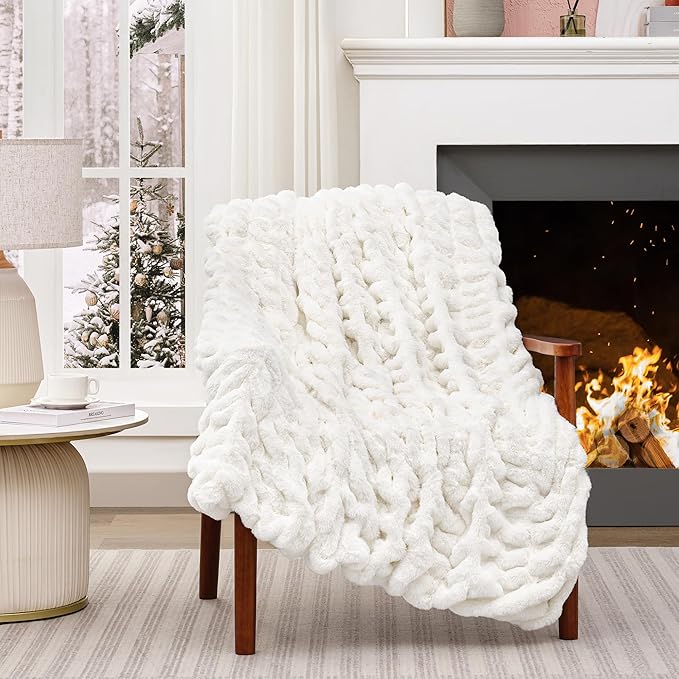 Touchat Ruched Faux Rabbit Fur Blanket, 700 GSM Luxury Dual-Sided Soft Cozy Blanket, Fuzzy Fluffy Plush Throw for Bed, Couch and Sofa - 60"x80", Cream White