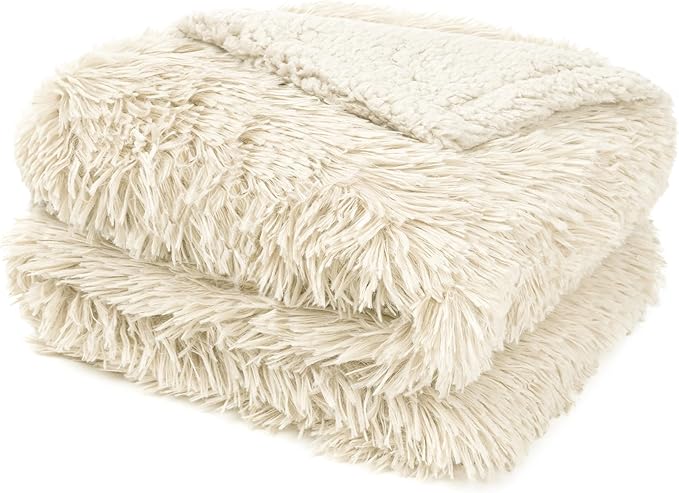Pavilia Cream Beige Fluffy Throw Blanket for Couch, Fuzzy & Warm, Super Soft Thick Faux Fur Sherpa, 50x60