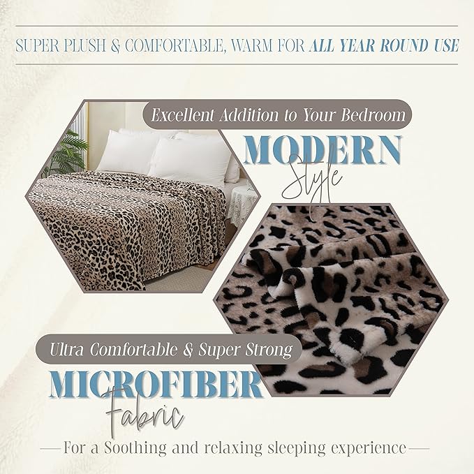 Elegant Comfort Luxury Velvety Feel Blanket, All-Season Lightweight Blanket, Ultra Plush, Soft, Cozy-Fuzzy Flannel Fleece for Couch, Sofa, Bed, Travel, Animal Print Design, Full/Queen, Leopard