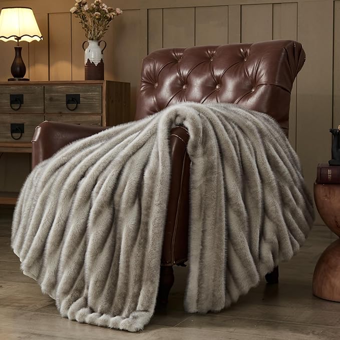NEWCOSPLAY Faux Fur Throw Blanket Grey Luxury Fluffy Thick Warm Blanket for Couch Sofa Bed 1000GSM (Stripe Grey Thick, Throw(50"x60"))