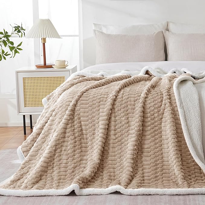 Sherpa Throw Blanket for Couch Flannel Cozy Soft Thick Blanket Warm Twin Blanket for Bed Fleece Home Decor Gifts, Z01 - Beige, 80"*90"