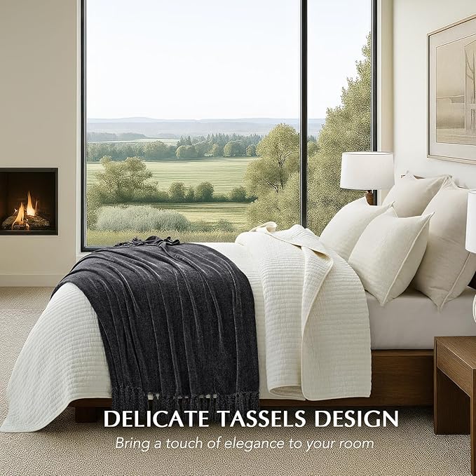 EverGrace Soft Chenille Throw Blanket for Couch, Cozy Plush Fuzzy Decorative Chenille Knit Throw Blanket with Tassels, Lightweight Blanket and Throws for Bed Sofa Gift Home Decor, Iron Black 60"x80"