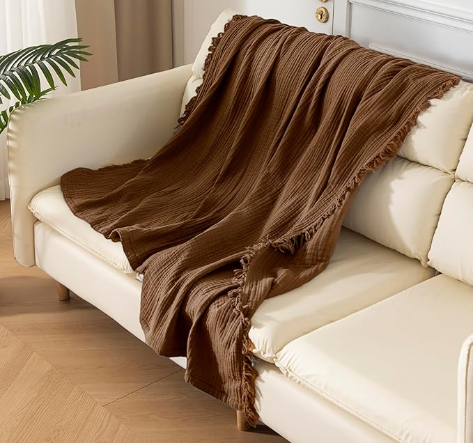 KyraHome 100% Organic Cotton Throw Blankets for Couch, 50" x60“, Pre-Washed Breathable Lightweight Gauze Muslin Blankets for Adults, Kid, All-Season, Brown