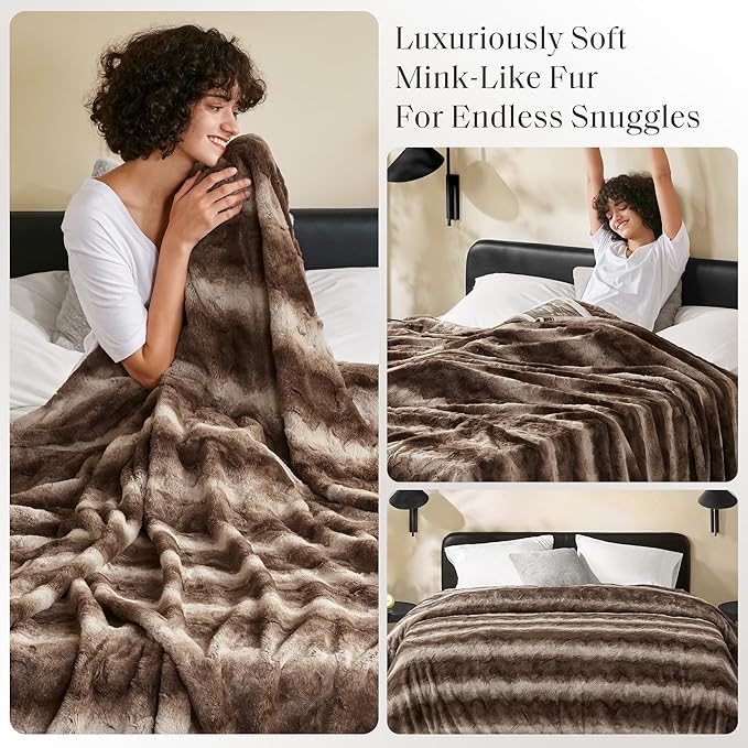 Madison Park Queen Size Ultra-Soft Poly Fur Blanket Queen Size, Reversible Plush, All Season & Lightweight Queen Fuzzy Blanket for Bed, Couch & Sofa, Zuri, Full/Queen Brown