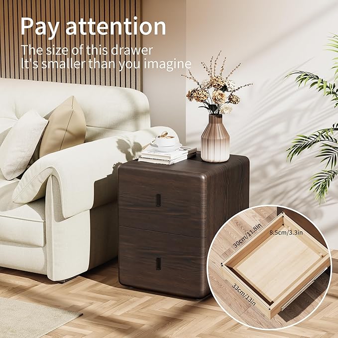 VICITON Narrow Nightstand with Drawers, Faux Leather Bedside Table, Solid Wood Drawer, Small Side Table for Bedroom (Leather Black Walnut, 15.7" x 15.7" x 19.7")