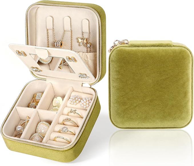 Plush Velvet Travel Jewelry Case Small Jewelry Box Jewelry Organizer Storage Case Portable Jewelry Travel Case for Girls Womens Earring, Necklace, Rings,Bracelets with Mirror