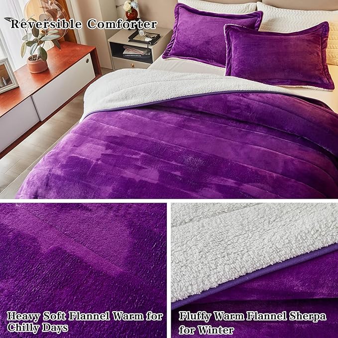 3-Layer Luxury Flannel Fleece Thick Bed Blanket Full Queen Size, Soft Plush Velvet Sherpa Blanket with 2 Pillow Shams Heavy Warm for Winter, Breathable n Washable, Purple