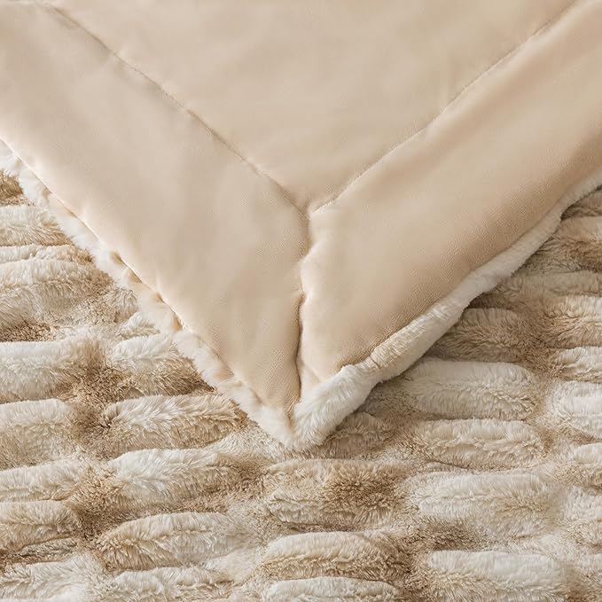 WDCOZY Ruched Faux Fur Throw Blanket Soft Cozy Fluffy Luxurious Blankets Couch Bed Sofa Chair Home Decor Warm Furry Fall Winter Plush Rabbit Fur Bubble Blanket 60" x 80", Caramel Beige Camel Neutral
