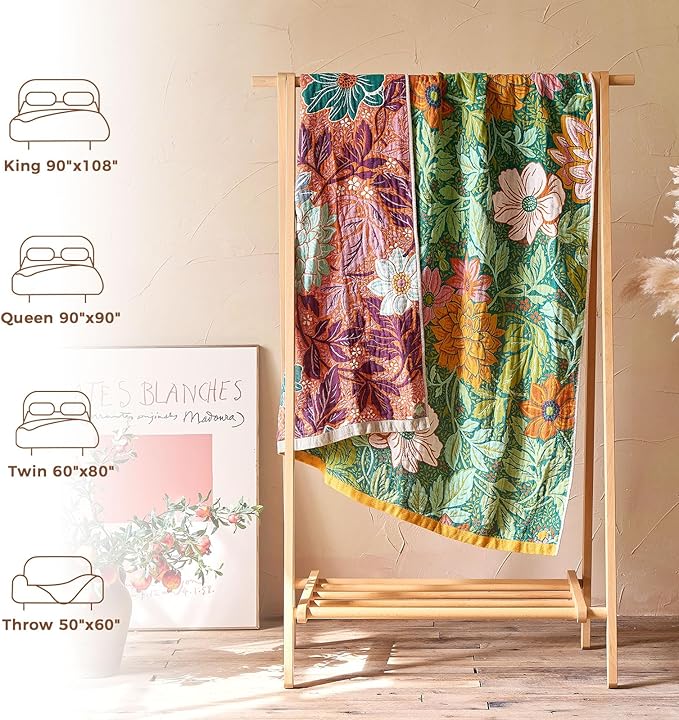 Boho Throw Blanket for Couch Sofa Chair Spring Cotton Blankets for Bedroom Living Room All Season Lightweight Reversible Floral Embroidery Throws 50"x60"