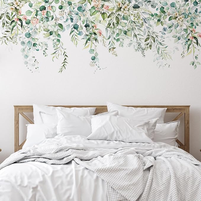 Zonon Flowers Wall Decals Stickers Vinyl Removable Peel and Stick Colorful Dragonflies Floral Wall Murals Decor for Bedroom Living Room Nursery(Greenery)