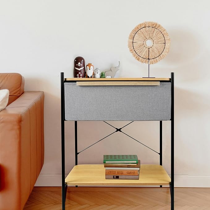 Modern Nightstand with 3-Tier Storage - Water-Resistant Shelves & Fabric Drawer, Sturdy Metal Frame Bedside Table for Bedroom, Dorm, Living Room, Light Gray