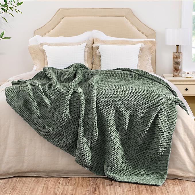 Waffle Knit Throw Blanket, Luxury Cozy Chunky Knit Throw Blanket for Couch, 50 x 60 Inch Thick Ultra-Soft Feather Yarn Knitted Blanket for Sofa, Bed, Home Decor - Sage