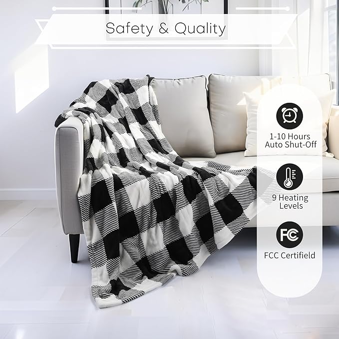 LUXIAN Electric Heated Blanket Queen Size 84"x90" - Flannel & Sherpa Fabric Dual-Sided, 9 Heat Settings & 1-10 Hours Auto Off, Machine Washable, Striped Checkered