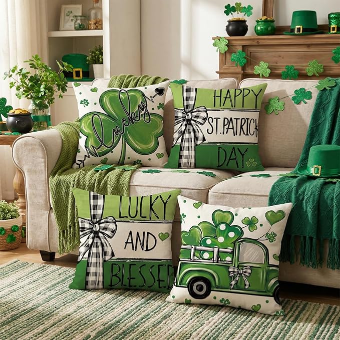 ONFAON St Patricks Day Pillow Covers 18x18 Set of 4 Shamrock Green St Patricks Day Decorations St Patricks Day Hat Farmhouse Classic Decorative Square Cushion Cases for Sofa Couch