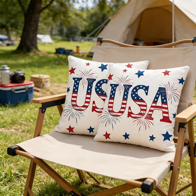 4th of July Throw Pillow Covers, USA Patriotic Design, Linen, 18x18 Inch, Set of 2, Machine Washable, Farmhouse Style