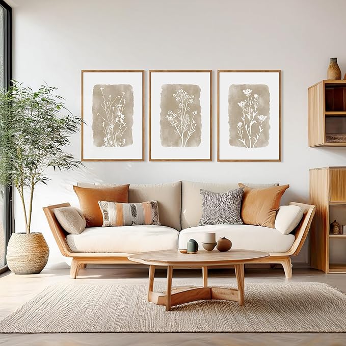 CHDITB Vintage Floral Framed Canvas Wall Art Set Of 3, Minimalist Wall Decor, Nature Inspired Wildflower Wall Painting, Neutral Botanical Flower Art Prints For Dining Room Bedroom Decor(12X16 Inch)