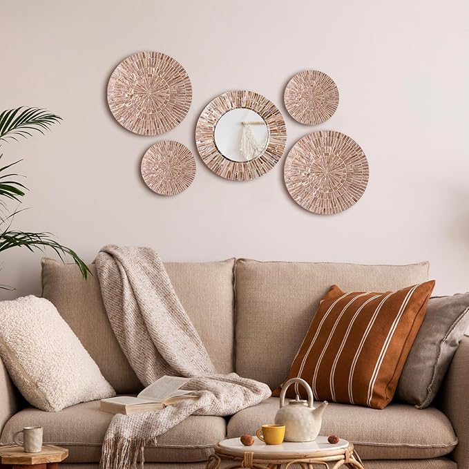 Wesiti 5 Pcs Christmas Wall Art Decor Boho Mother of Pearl Mirror Wall Decor Handmade Bohemia Hanging Plates Art for Bedroom Bathroom Decoration