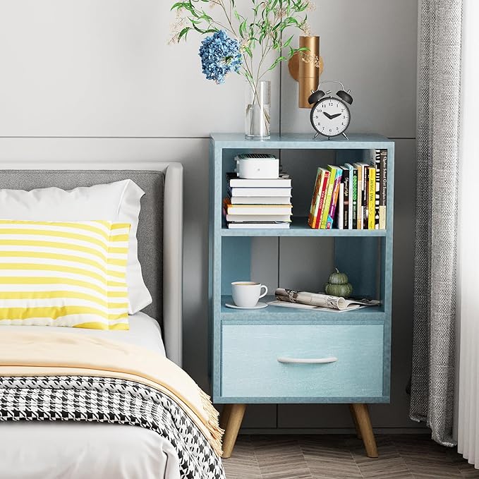 Night Stand, Blue Nightstand with Drawer, Side Table with Open Storage, 3-Tier Modern End Table, Bedside Table for Small Space, Living Room, Bedroom