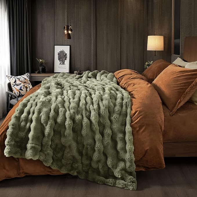 PHF Luxury Faux Rabbit Fur Blanket Twin Size, Ultra Soft Fluffy Plush Cozy Warm Bubble Blanket for Bed, Couch, Sofa Decorative, Thick Reversible Suitable for Fall & Winter, 60" x 80", Olive Green