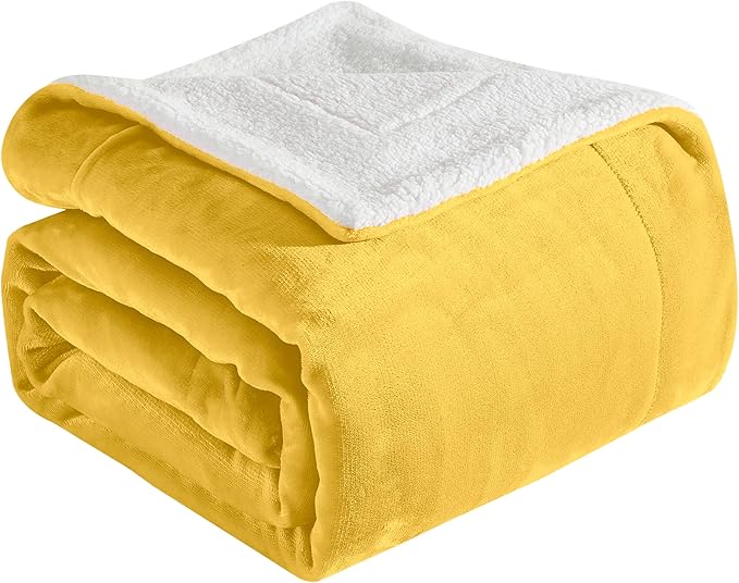 Elegant Comfort Ultra Soft Reversible Flannel Sherpa Blanket - Cozy Silky Fleece Throw for Couch, Bed - Plush Fuzzy Warm Winter Blanket for Gift, Twin, Yellow