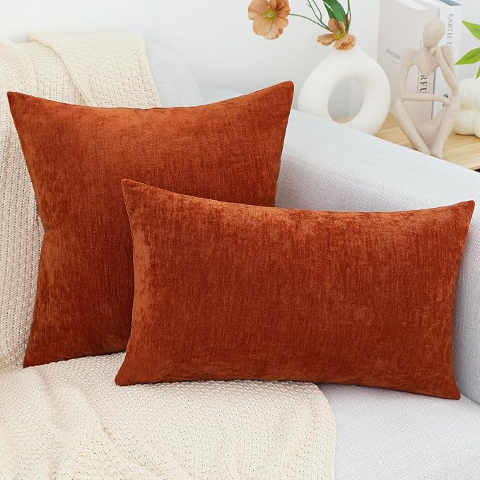 decorUhome Chenille Rust Throw Pillow Covers 20x20 Inch Set of 2, Decorative Soft Couch Pillow Covers Solid Dyed Accent Farmhouse Neutral Square Pillow Cases for Sofa