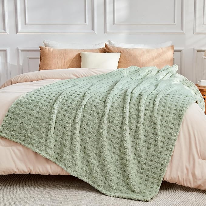 NEWCOSPLAY Super Soft Throw Blanket Green Premium Silky Flannel Fleece 3D Waffle Checkered Lightweight Bed Blanket All Season Use (Sage Green, Throw(50"x70"))
