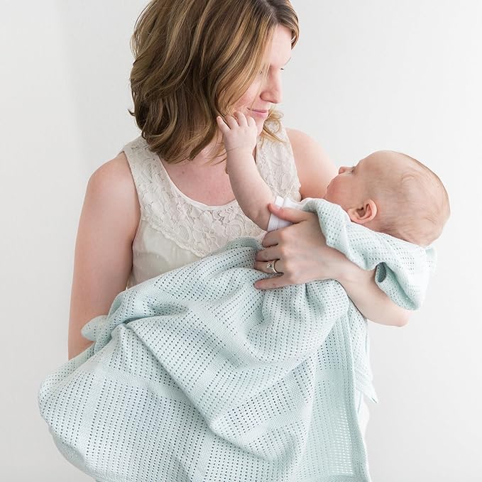 Amazing Baby Cellular Blanket, Premium Cotton Knit, Ultra Soft, Breathable, Cozy Gift for Baby Boys and Girls, Favorite Toddler Blanket, 44 x 44 inches (112 x 112 cm), Soft SeaCrystal