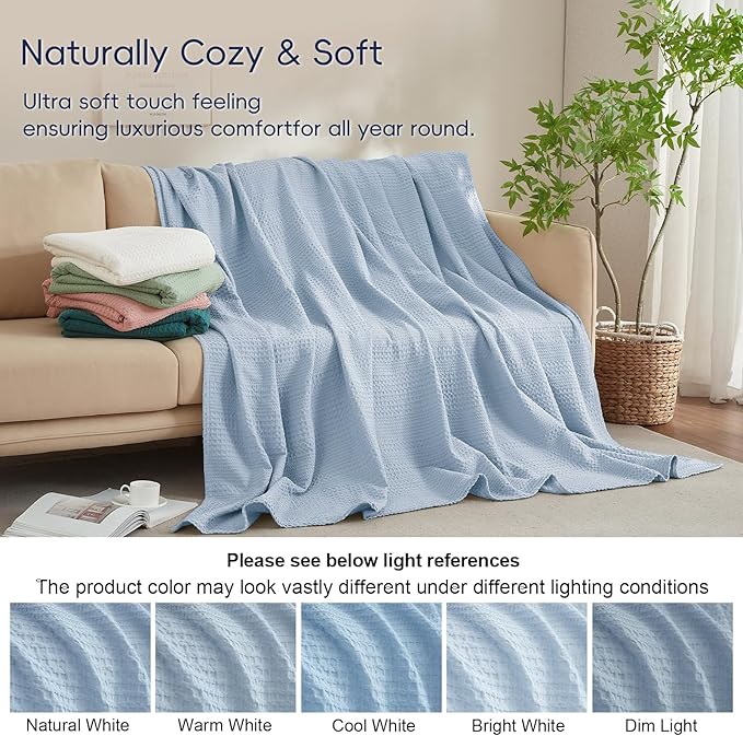 PHF Lightweight Waffle Weave Blanket King Size, Breathable & Ultra Soft, 104"x 90" Soft & Cozy Thin Blanket for All Season & Hot Sleepers, Bed, Home Decor - Sky Blue